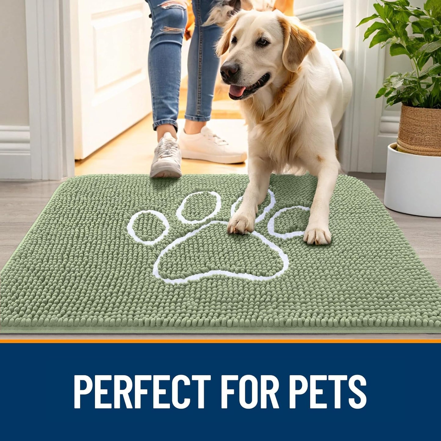 OLANLY Door Mat for Muddy Dog Paws 70x46, Ultra Absorbent Chenille Mud Doormat with Paw Print Design, Non-Slip Washable Doormat for Indoor Entryway, Quick-Dry Pet Bed Mats for Dirty Dogs, Sage Green