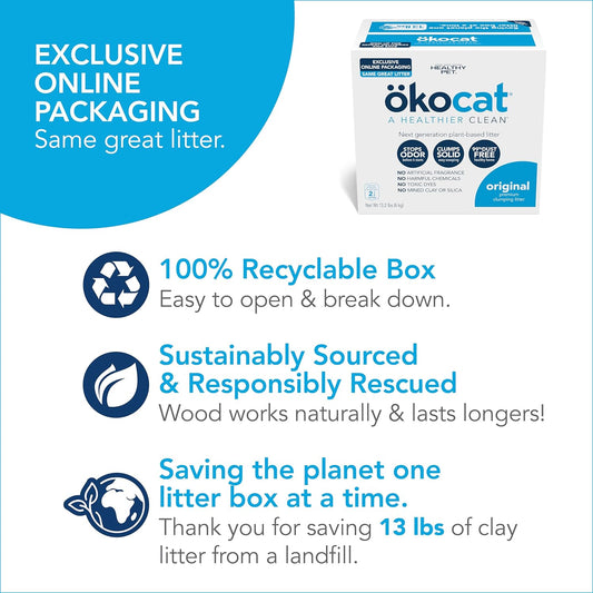 ökocat Original Wood Clumping Cat Litter, Unscented, 13.2 pounds - Natural Ingredients, Stops Odor, Clumps Solid, 99% Dust Free, Great for All Cats