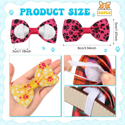 Reginary 50 Pieces Dog Bow Ties Pet Collar Bow Puppy Collar Attachment with Rubber Bands for Small Medium Cat Pet Grooming Charms Accessories Wedding Birthday Occasion(Dog Paw Style)