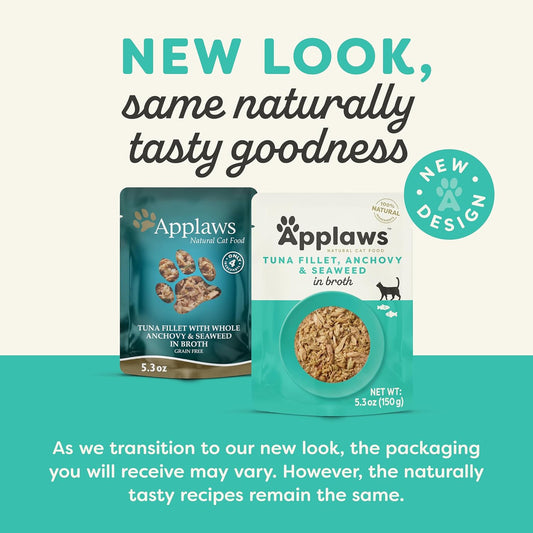 Applaws Natural Wet Cat Food in Broth, Limited Ingredient Wet Cat Food Pouches, No Additives, Made with Natural Ingredients, Tuna Fillet with Anchovy & Seaweed in Broth (12 x 5.3oz Pouches)