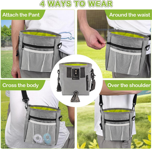 JIURUN Dog Treat Bag, Dog Training Kit - Treat Pouch, Pet Training Fanny Pack, Puppy Training Clicker, 2-in-1 Whistle Clicker, Collapsible Dog Bowl, 2 Dog Poop Bag๏ผGray๏ผ