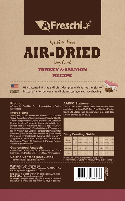Afreschi Air-Dried Dog Food Turkey & Salmon Recipe 2.2 lb, All-Natural, Complete & Balanced, Grain-Free, High-Protein, Limited Ingredients