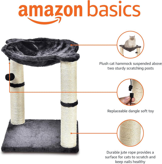 Amazon Basics Cat Condo Tower with Hammock Bed and Scratching Post,Easy to Assemble,Plush Hammock,Interactive Hanging Ball, Durable Sisal Scratch Posts for Indoor Cats, 15.8 x 15.8 x 19.7 Inches, Gray