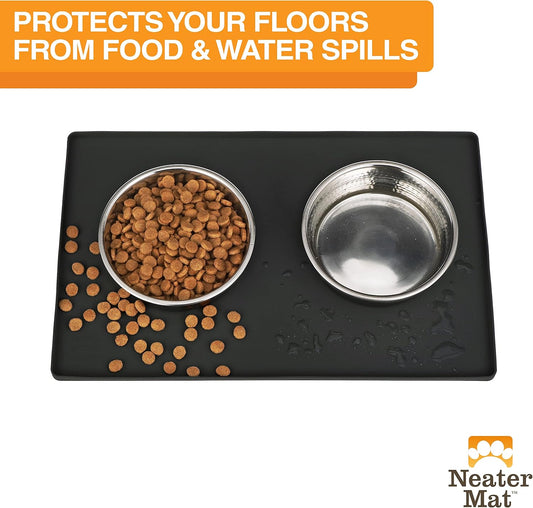 Neater Pet Brands Neater Mat Pet Mats for Food and Water, Cat & Dog Bowl Mat Waterproof Silicone, Feeding Tray, Dog Food Mats for Floors, Placemat w/Raised Edge for Under Bowls, 19” x 12”, Black