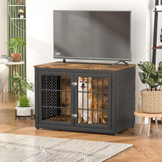 38" Heavy Duty Dog Crate Furniture for Large and Medium Dogs,Wooden Metal Kennel for High Anxiety Dogs, Chew Proof Pet Cage Indoor, Decorative Dog Kennel End Table
