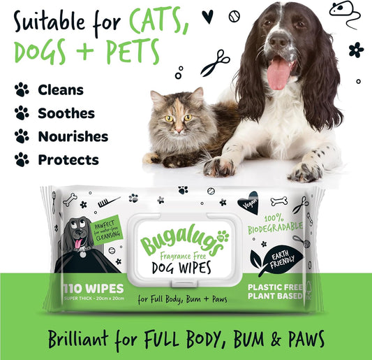 BUGALUGS Dog Wipes, 100% Plastic Free Biodegradable pet Wipes for Full Body, Eye Wipes, Ear Wipes, Bum & Paws. 110 Sensitive Dog Grooming Wipes for Dogs, Puppy & cat Grooming (Fragrance Free)