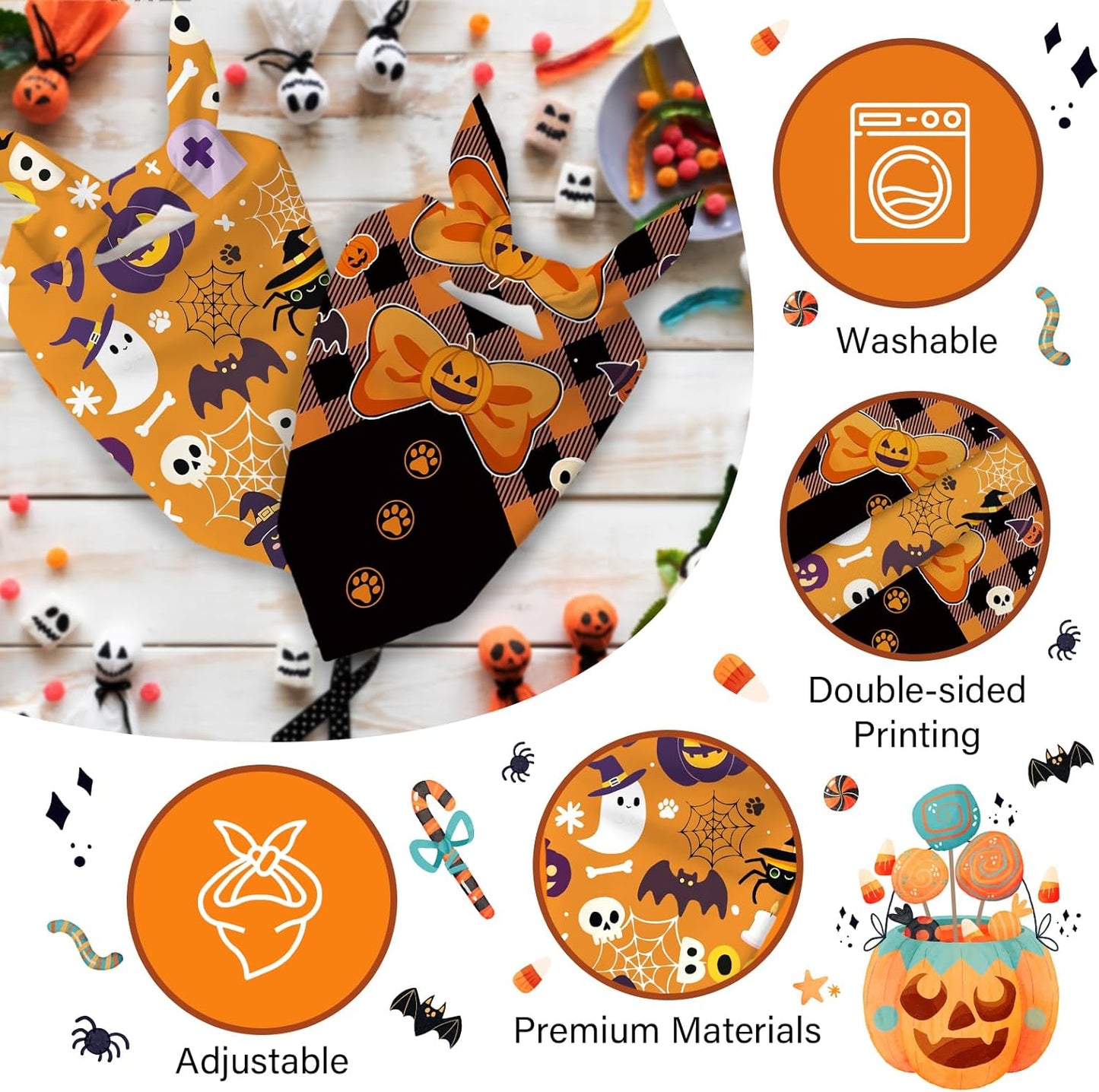 Halloween Dog Bandanas 2 Pcs, Pet Scarf for Dog Girl Boy, Spooky Triangle Puppy Scarf Kerchief Bandana Pet Dogs On Halloween, Ghost Pumpkin Bat Print Gifts for Dogs Lovers (Medium)