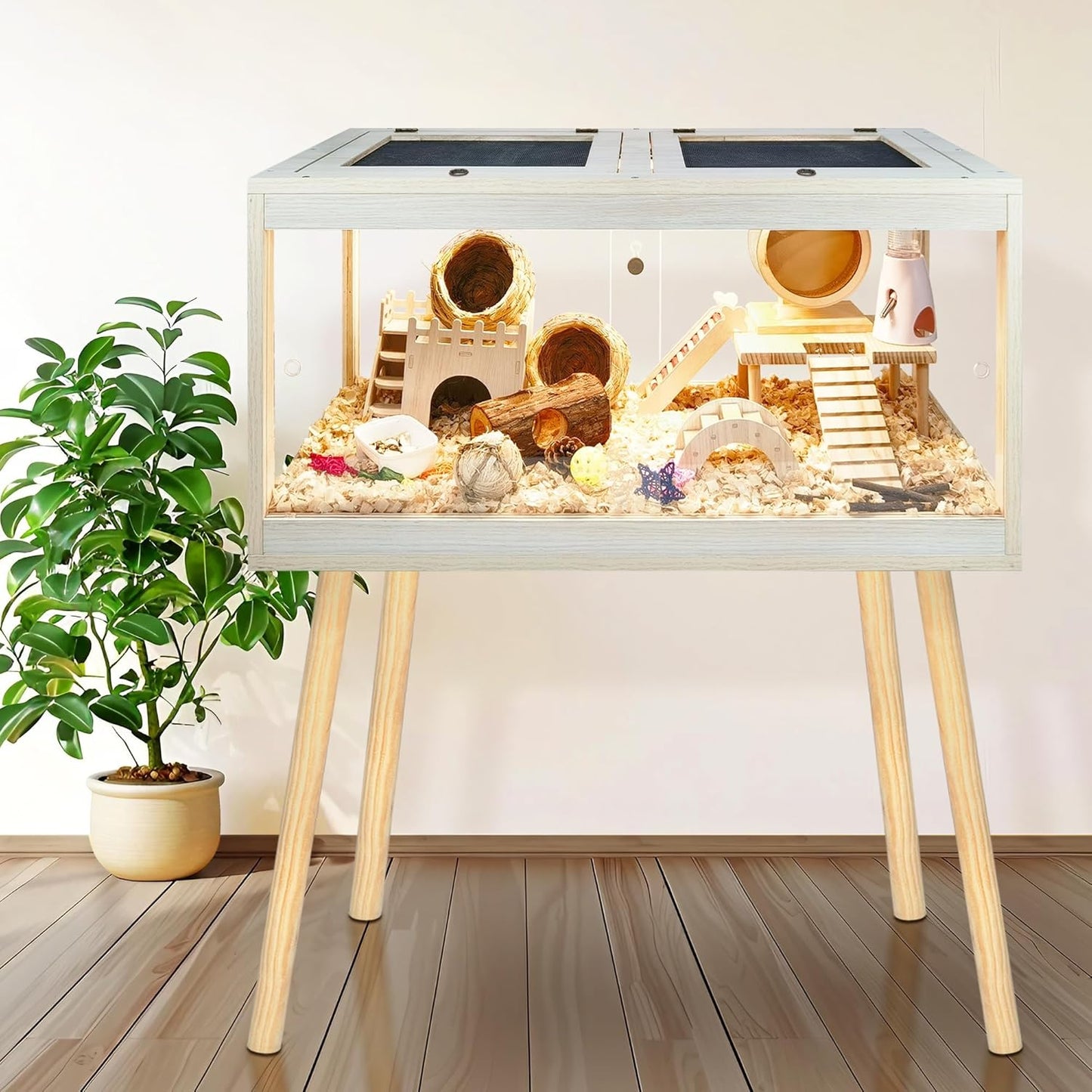 Prolee Hamster Cage Chewproof, Mice and Rat Habitat with Transparent Sides, Hamster Cage with Openable Mesh Top, Solid Built with Lock Design and Leg Stand, 32" Wide