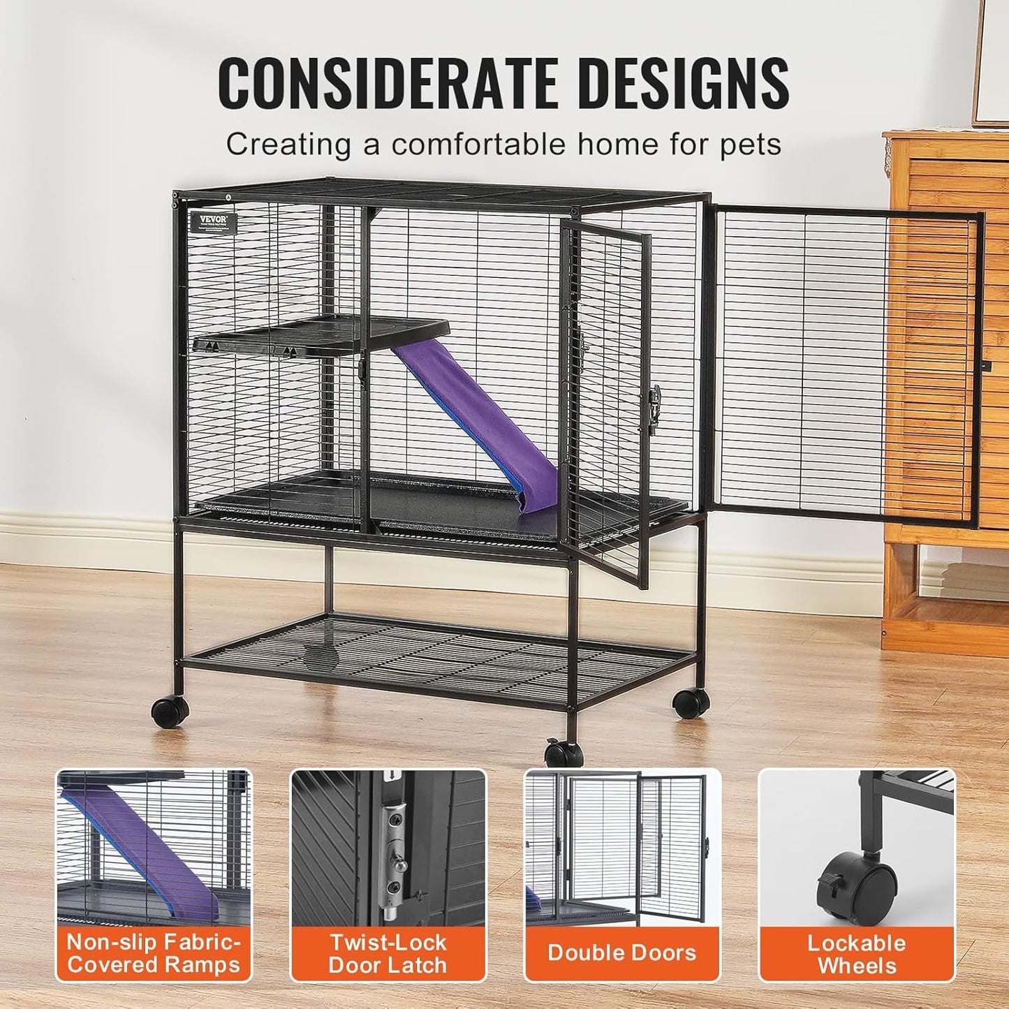 VEVOR 36" Rolling Metal Ferret Cage, Large 2-Tier Critter Nation Cage, Small Animal Cage with Ramps & Tray, Easy to Set up for Pet Mice, Hamster, Guinea Pig, Chinchilla, Squirrel, Hedgehogs, Bunny