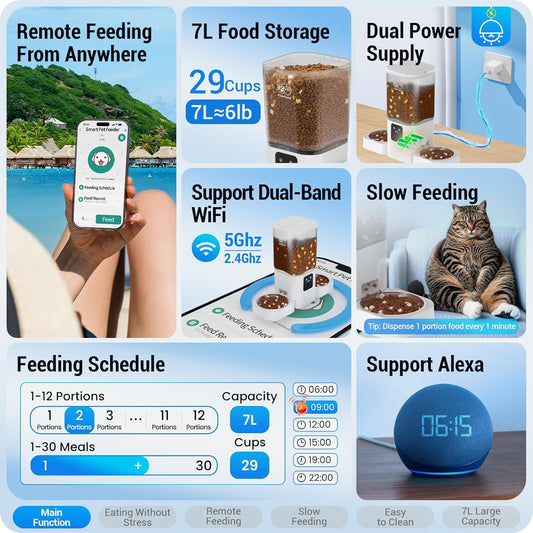 Automatic Cat Feeders 2 Cat with Slow Feed: Dual Automatic Dog Feeder with 5G WiFi, cat Food Dispenser with Alexa for Multiple Pets, Detachable for Easy Clean - 29 Cup(7L Large Capacity)