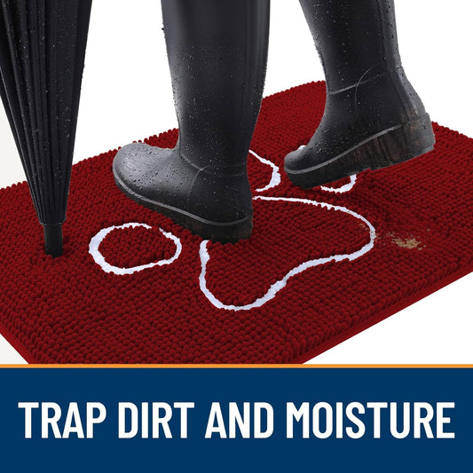 OLANLY Door Mat for Muddy Dog Paws 30x20, Ultra Absorbent Chenille Mud Doormat with Paw Print Design, Non-Slip Washable Doormat for Indoor Entryway, Quick-Dry Pet Bed Mats for Dirty Dogs, Red