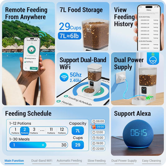 Automatic Cat Feeder with Slow Feed: 5G WiFi Automatic Dog Feeder with Smart APP Control, Auto Cat Food Dispenser with Alexa for Multiple Pets, Detachable for Easy Cleaning - 29 Cup(7L)