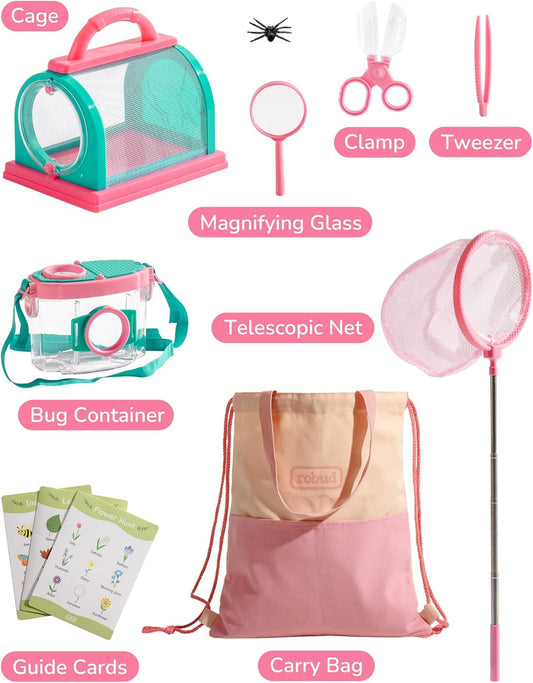 ROBUD Kids Explorer Kit, Bug Catcher Kit with Bag Kit, Pink Outdoor Exploration Set for Camping, Montessroi Toy for Kids Coming Closer to Nature,WRP28
