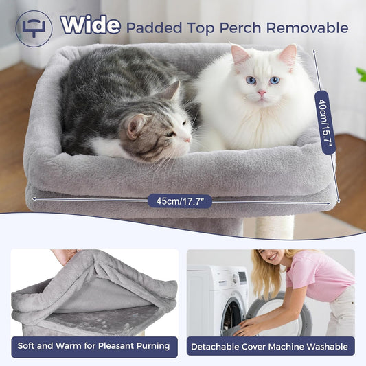 Cat Tree with Large Top Bed 17.7x15.7β Small Cat Tower with Dual Condos,28β Fully Scratching Post and Self Groomer for Indoor Cats-Grey