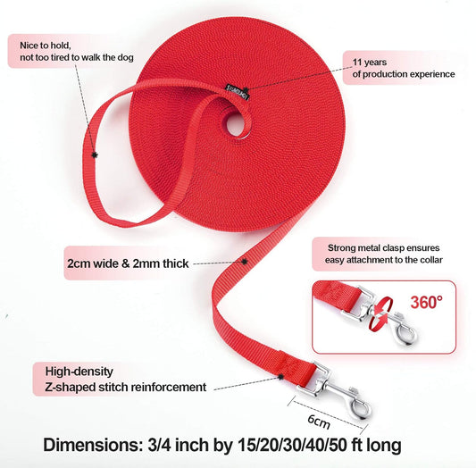 Dog/Puppy Obedience Recall Training Agility Lead - 15ft 20ft 30ft 40ft 50ft Training Leash - Great for Play, Camping, or Backyard - Red 15ft (15Feet, Red)