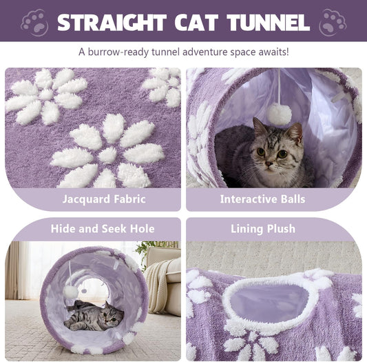 Straight Cat Tunnel for Indoor Cats 47"x12", Cute Cat Toys Collapsible Tunnel Tube with Balls for Puppy Kitten Rabbit, Purple Flower