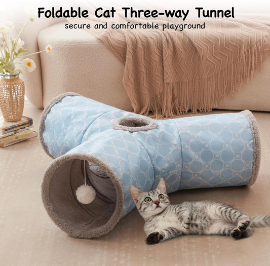 Tempcore Pet Cat Tunnel Tube Toys 3 Way Collapsible, Cat Tunnels for Indoor Cats Fleece-Lined in for Warmth,Kitty Tunnel Bored Cat Pet Toys Peek Hole Toy Ball Cat, Puppy, Kitten, Geometry Blue