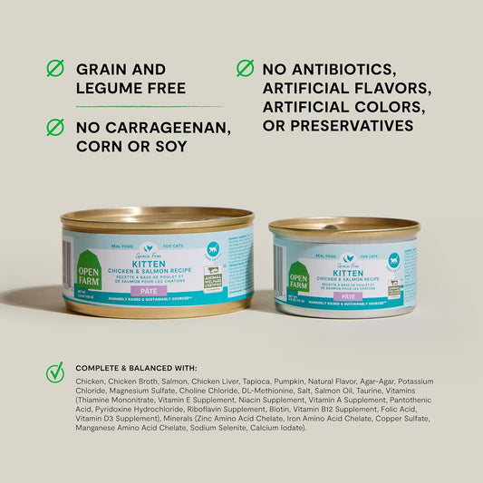Open Farm Canned Kitten Food, Paté for Complete & Balanced Nutrition, Grain-Free and Legume-Free Wet Kitten Food, Chicken & Salmon Recipe, 2.8oz Cans (Case of 18)