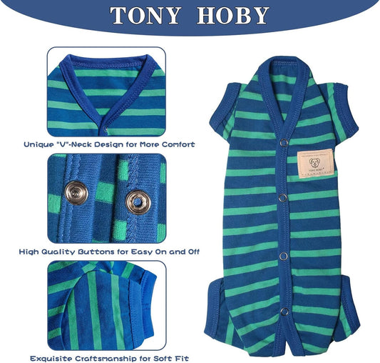 TONY HOBY Dog Pajamas for Medium Small Dogs, Dog Jumpsuit with Stripes 4 Legged Pajamas, Soft Dogs Pet Clothes (Blue&Green, Girl, S)