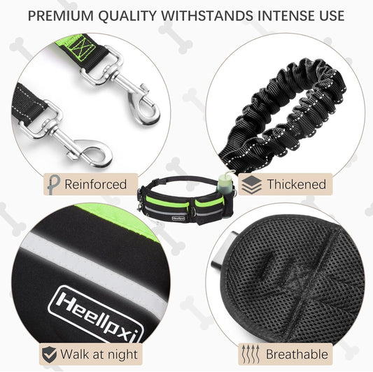 Hands-Free Waist Leash with Pouch for Two Dogs: Reflective Stitching, Dual Handle & Bungee Retractable Design β Ideal for Medium to Large Dogs (Green) β Dog Walking Accessories