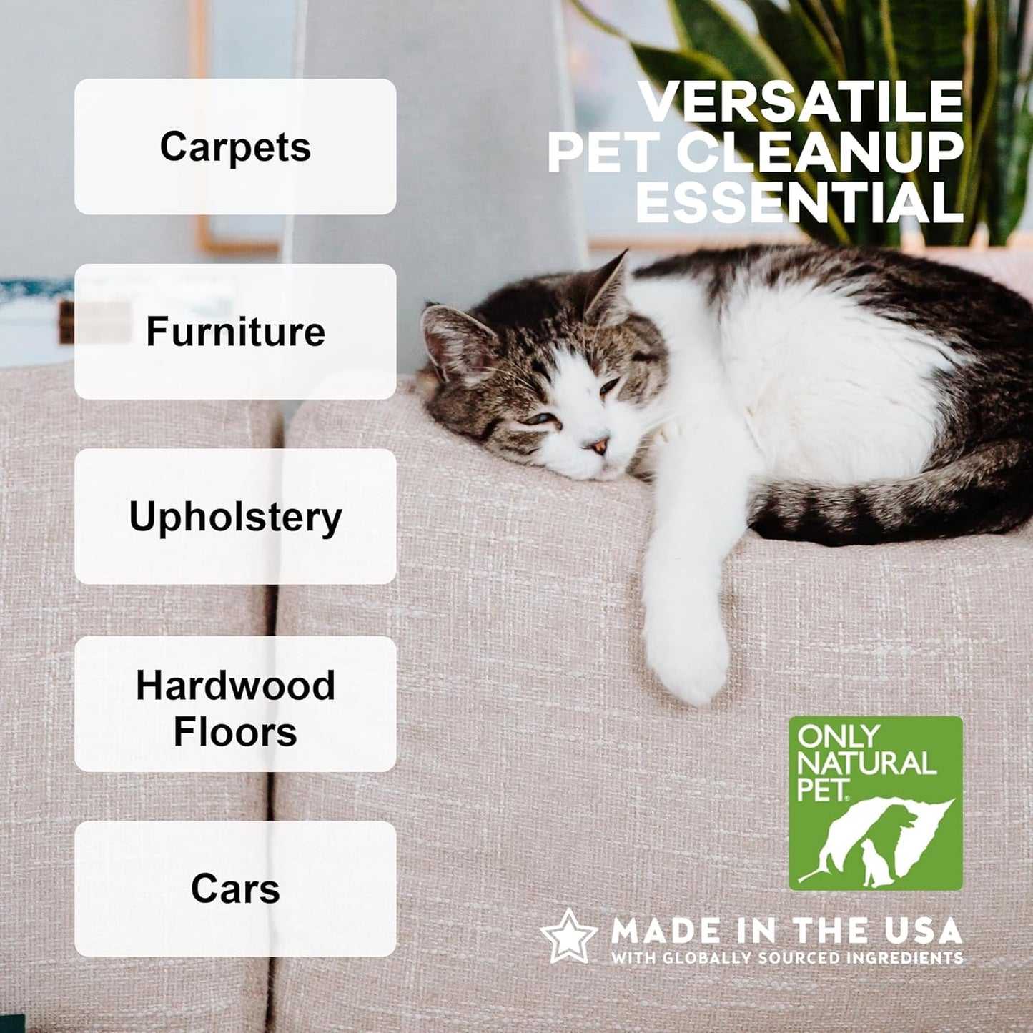 Only Natural Pet Enzyme Powered Stain & Odor Eliminator - Professional Pet Urine Pee Cleaner Deodorizer for Cats - Hardwood Floors Carpets Upholstery - Fresh Mandarin Orange & Green Tea Scent 32Floz