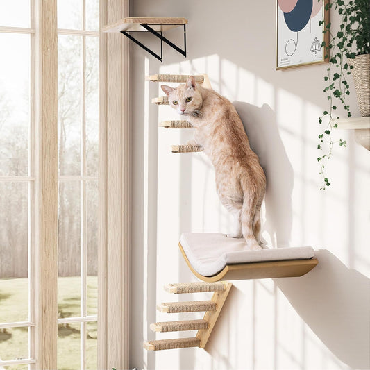 4-Piece Cats Wall Furniture with Cat Window Perch ā Wood Wall Mounted Cat Shelves Set with Foam-Padded Curved Bed, Flat Perch & 4-Step Cats Stairs
