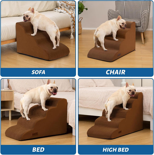 4-Step Dog Stairs and Ramp for Beds or Couches β Non-Slip Sturdy Pet Steps for Small Dogs and Cats,17.4" H,Brown