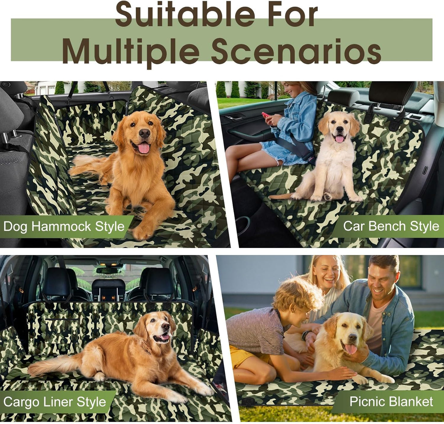 Dog Car Seat Cover, Durable Waterproof Scratch Proof Nonslip Dog Hammock, Pet Back Seat Covers with Pocket for Cars SUVs and Trucks - S, Camouflage