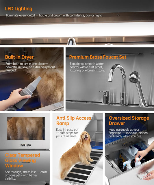 polimo Dog Wash Station with Pet Dryer & LED, Professional Dog Bathing Station for Large, Medium & Small Dogs β with Window, Ramp, Drawer, Floor Grate, LED Display & Faucet (Left RAMP & Dryer, 61")