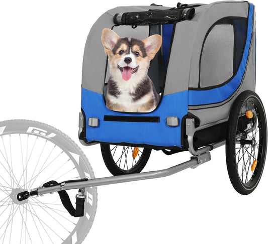 Blue-Grey Large Folding Bike Trailer for Dogs β Heavy-Duty Steel Frame, 66LB Capacity Pet Carrier for All-Terrain Cycling, Jogging & Camping Adventures!
