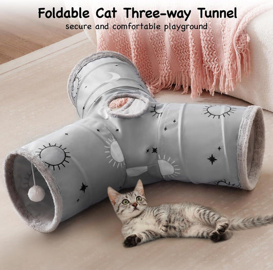 Tempcore Pet Cat Tunnel Tube Cat Toys 3 Way Collapsible, Cat Tunnels for Indoor Cats Fleece-Lined in for Warmth,Kitty Tunnel Bored Pet Toys Peek Hole Toy Ball Puppy, Kitten, Rabbit Gray Sun