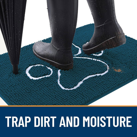 OLANLY Door Mat for Muddy Dog Paws 24x16, Absorbent Chenille Mud Doormat with Paw Print Design, Non-Slip Washable Doormat for Indoor Entryway, Quick-Dry Pet Bed Mats for Dirty Dogs, Atlantic Blue