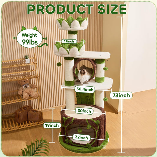 73ββ Tall Flower Cat Tree for Indoor Cats Large Adult, Luxury Cat Tower with Scratching Post, Heavy Duty Modern Cat Furniture for Large Cats, Removable Mats, Multi-Level Cat House with Toy Ball