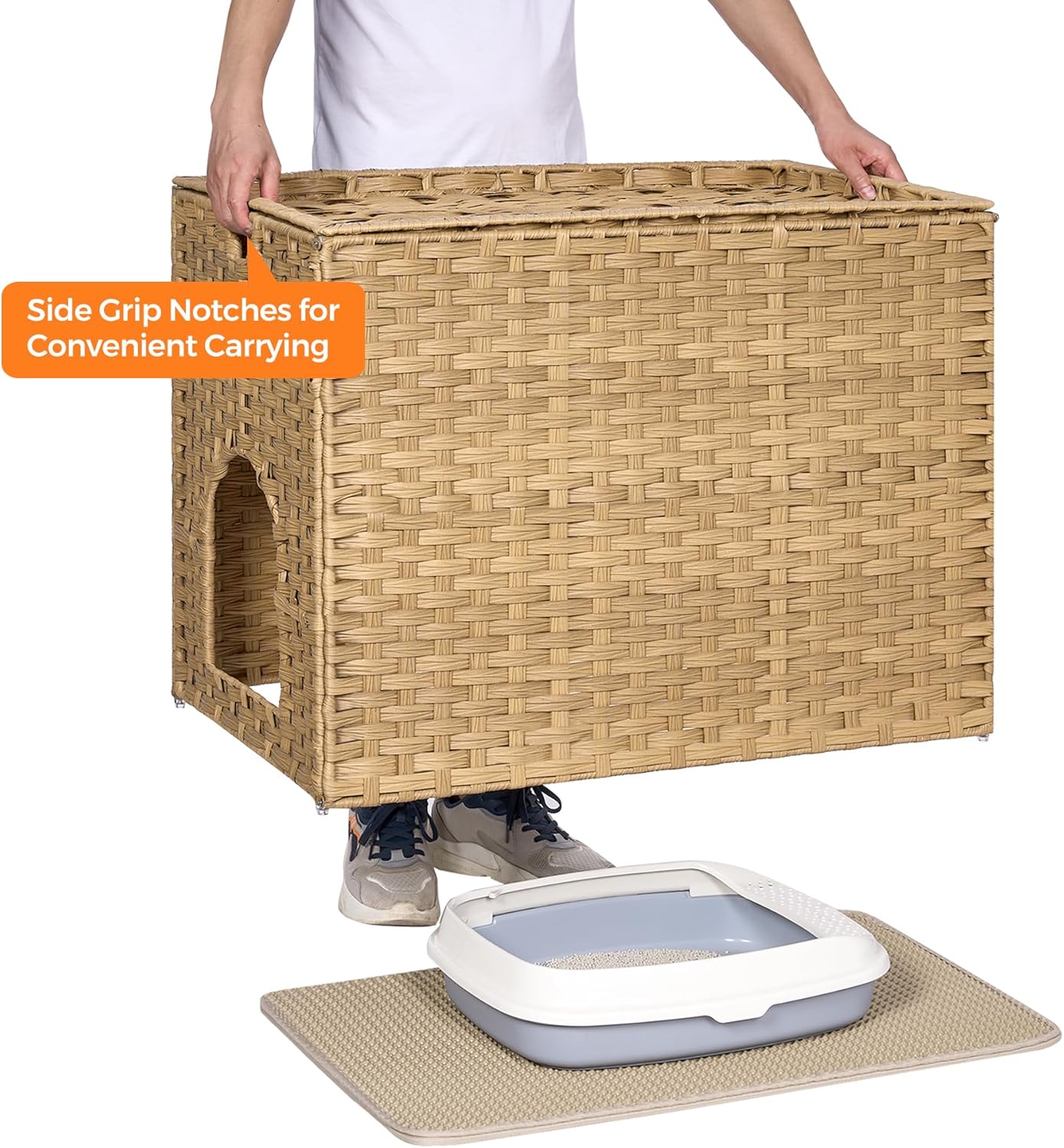 Cat Litter Box Enclosure with Litter Trapping Mat; Handwoven Plastic Rattan Cat House; No Installation Hidden Cat Washroom; Pet Crate for Balcony,Bedroom,Living Room