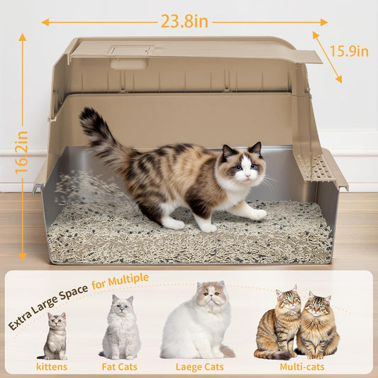 Stainless Steel Litter Box with Lid, XL Extra Large Cat Litter Box, Enclosed Metal Litter Pan with High Sided Enclosure & Scoop, Anti Leakage, Easy to Clean, Odor Control(Khaki)
