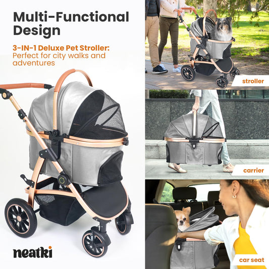 3 in 1 Pet Stroller - Stroller for Small to Medium Dogs and Cats up to 55 lbs, with Detachable Carrier/Car Seat, Foldable and Lightweight, Detachable Cushion + Cup Holder (Gray)