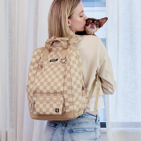 Porter 2-in-1 Dog Gear Backpack β Premium Dog Travel Bag with 10 Pockets, Zip-Off Treat Pouch, Leash Clip, Waterproof Pockets & Water Bottle Holder β Weekend, Hiking, Camping, Checkerboard