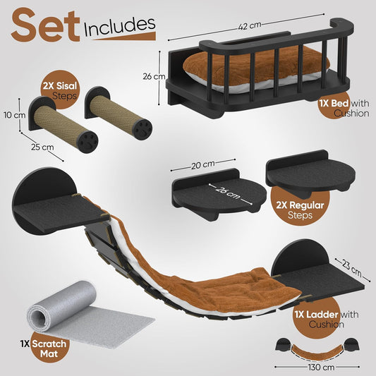 FURRY VIBES Cat Wall Shelves & Perches β 7-in-1 Cat Wall Furniture Set with Bed, Climbing Steps, Scratcher & Bridge Ladder β Black Bamboo Wall Cat Shelf for Indoor Cats