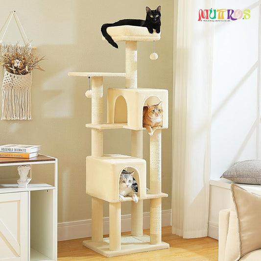 Cat Tree for Indoor Cats, Multi-Level Cat Tower with Sisal Scratching Posts, Padded Platform, Multi-Level Cat Condo w/Soft Bed & Scratching Pad, 2 Pompoms, Sturdy Base, Beige