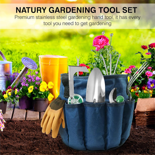 Garden Tools Set β Premium Stainless Steel Gardening Hand Tools with Solid Beechwood Handle β Gardening Kit with Rake, Shovel, Gloves, Shears, Tool Organizer β Garden Gifts for Women and Men