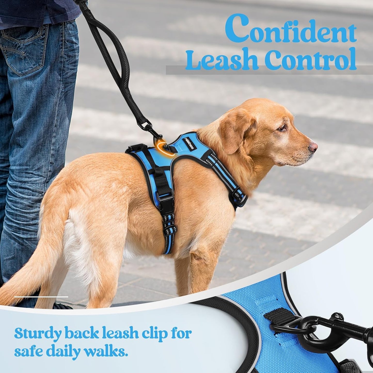 rabbitgoo Dog Harness No Pull with 2 Leash Clips, Adjustable Soft Padded, Reflective Oxford No Choke Pet Vest with Easy Control Handle for Large Dogs, Blue, XL