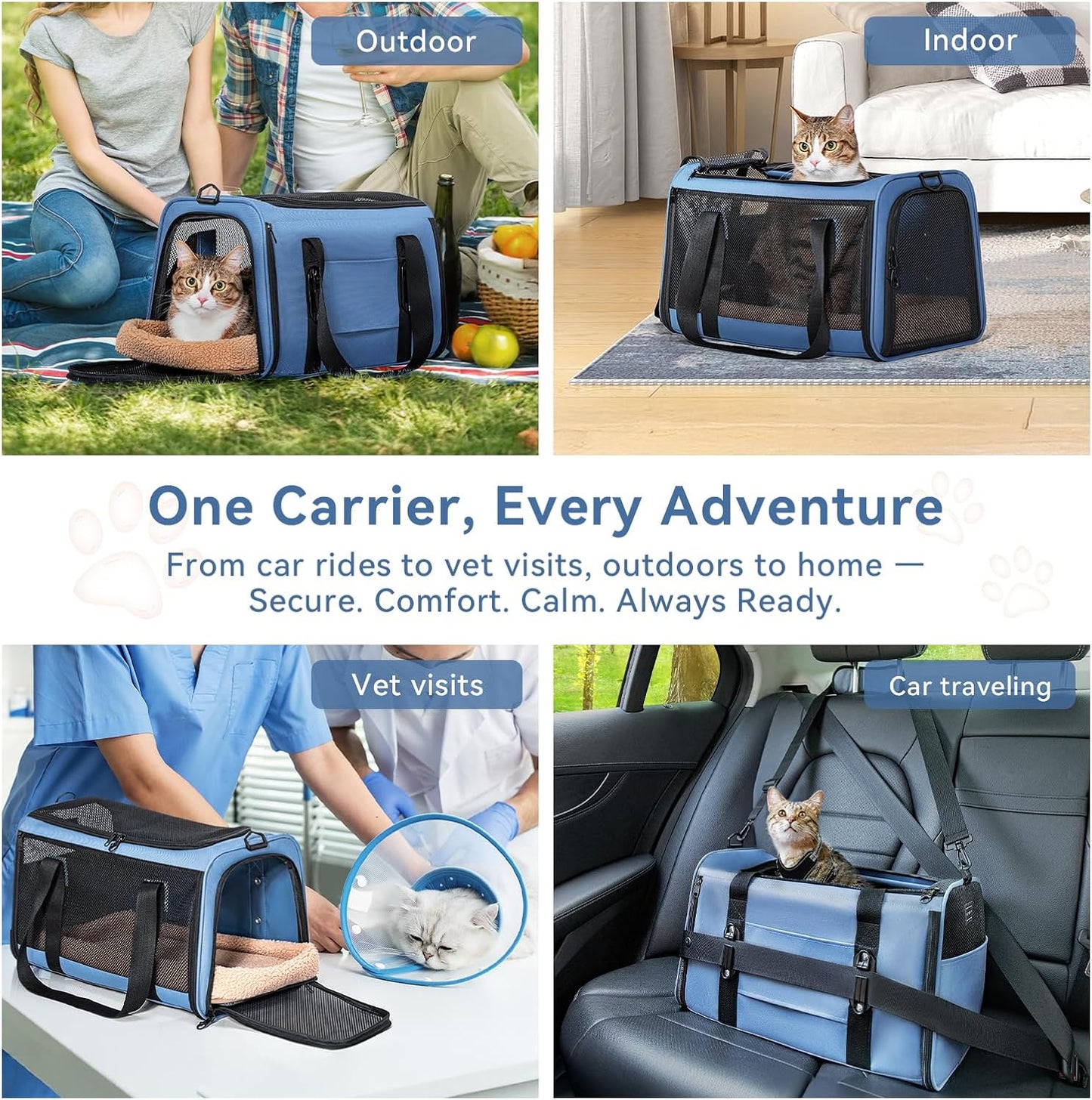 PETSFIT Soft-Sided Cat Carriers & Car Seats with Patent Safe Buckles, Clip-On Harness,18"x11"x11" Airline Approved Pet Carrier - 9 lbs Capacity (Blue)