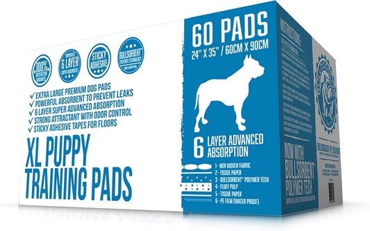 Bulldogology Puppy Pee Pads XL with Adhesive Sticky Tape - Extra Large Dog Training Wee Pads (24x35) 6 Layers with Extra Quick Dry Bullsorbent Polymer Tech (180-Count, White)