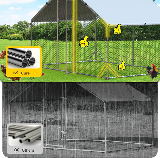 Large Metal Chicken Coop with Run Walk-in Poultry Cage Chicken Runs House Pen Cage Spire Roofed Chicken Coops with Anti-Ultraviolet Cover for Outdoor Yard Farm Use 9.8βL x 19.7βW x 6.4βH