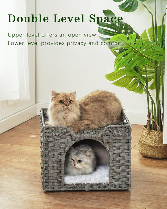 Cat Beds Indoor Kitten House, Handwoven Rattan Cat Cave Pet Cube, Large Cat Houses, One Bed Mat, Foldable, Hideaway, 16.5x16.5x13.2 Inches, 2 S-Shaped Hooks in Living Room Bedroom Gray