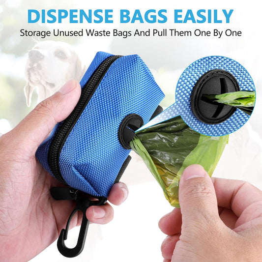 Dog Waste Bag Dispenser Pet Poop Bags Holder for Doggie Waste Bags Dispensers Soft Fabric Zipper Small Doggy Puppy Pouch for Leash Accessory Attachment with Carrier,Blue