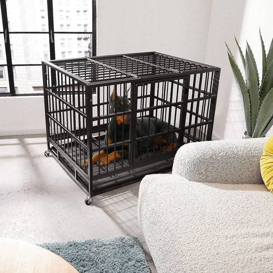 Oranland 48/38 Inch Heavy Duty Indestructible Dog Crate Cage Kennel with Wheels, High Anxiety Dog Kennel, Sturdy Locks, Double Door and Removable Tray Design, Extra Large XL Dog Crate.