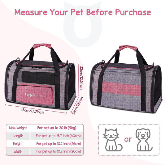 BurgeonNest Cat Carriers for Medium Puppy Under 25 lbs, Pet Carrier for Cats with Unique Side Bag,Top Load Small Pet Bag Soft-Sided Escape Proof with 4 Ventilated Windows