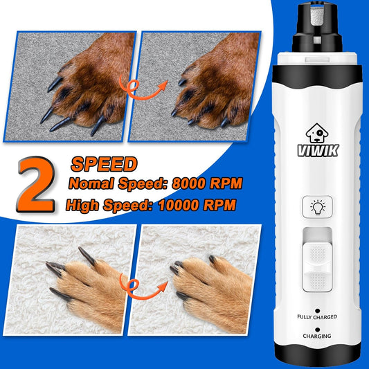 VIWIK Dog Nail Grinder with 2 LED Light, Dog Nail Trimmers, Quiet Dog Nail Clippers Kit for Large Medium Small Dog's Paw & Cat's Claw, Electric 2-Speed Pet Toenai Grinder, Gifts for Dog Lovers
