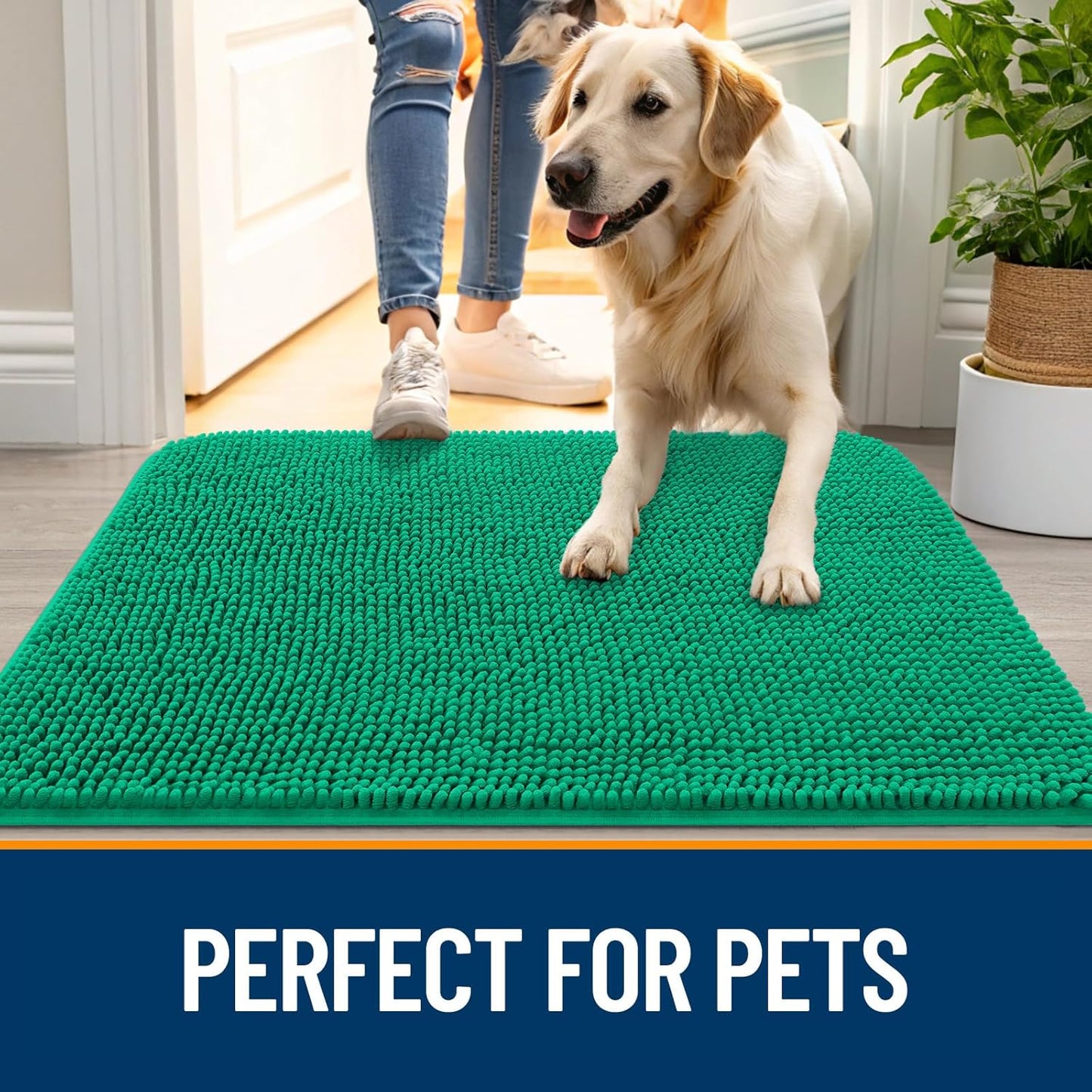 OLANLY Dog Door Mat for Muddy Paws 36x24, Absorbs Moisture and Dirt, Absorbent Non-Slip Washable Doormat, Quick Dry Chenille Mud Mat, Entry Indoor Entryway Carpet for Inside Floor, Emerald Green